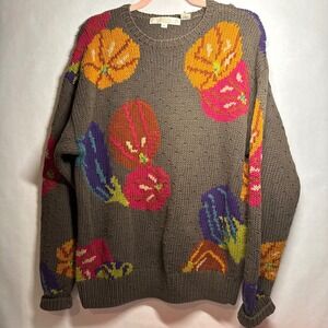 RARE Vintage Eggplant Veggie Adult Humor Perry Ellis Knitted By Hand Sweater Med